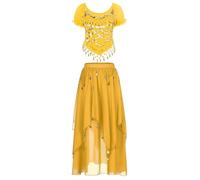 HULIJA Donna Set di Costumi di Danza Indiana Fantasia di Danza del Ventre Gelsomino Arabo Indiano Bollywood Top in Due Pezzi con Gonna Carnevale Giallo Taglia Unica