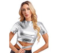 HULIJA Top Metallico Top olografico Glitterato da Donna con Colletto Tagliato Stand Up Tshirt Camicia per Danza Libera del Ventre Completo per L'Anno Nuovo Argento S