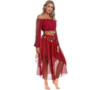 HULIJA Vestito da Donna di Fantasia di Danza del Ventre Gelsomino Arabo Indiano Vestito da Donna in Due Pezzi con Gonna all'Americana Rosso Taglia unica