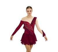 HULIJA Vestito Pattinaggio Artistico Donna con Volantini Vestito Pattinaggio su Strada Ballo Lungo con Maniche Strass E Scintille in Rete Patchwork Outfit sul Borgogna M