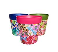 Hum Flowerpots, Set di 3 vasi per piante in plastica per interni ed esterni, 25 cm, vari modelli di colori e dimensioni, motivo: multicolore floreale
