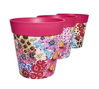 Hum Flowerpots, Set di Tre Vasi per Piante da 22 cm, Vari Modelli, Colori e Dimensioni, per Interni ed Esterni, Fiori Rosa e Api