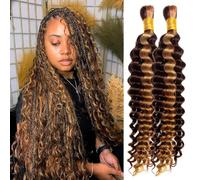 Human Braiding Hair Boho Braids Hair 100g (2 Bundles x 50g) Bundle Deep Wave Bulk Braiding No Weft 100% Unprocessed Brazilian Virgin Human Hair Extensions P4/27 Color (16 16 inch/100g)