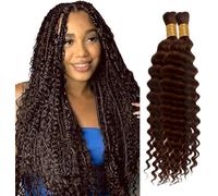 Human Braiding Hair for Boho Braids Hair 100g/2 Bundle Deep Wave Bulk for Braiding No Weft 100% Unprocessed Brazilian Extensions Bohemian Knotless Braids Chocolate Brown Color (24 24 inch/100g)