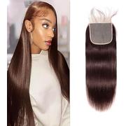 Human Hair 4x4 Closure Straight Chocolate Brown Invisible Trasparente Lace Brasilian Remy Human Hair Pre-Plucked Hairline 180% Density Free Part Smooth 12 pollici