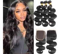 Human Hair Bundles with Closure 10 12 14+10Pollice Brazilian Body Wave Bundles with 4x4 HD Lace Closure Unprocessed Virgin Human Hair Natural Black