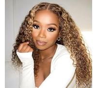 Human Hair Wig Kinky Curly Parrucca per capelli umani Afro Ricci 16 Inches | Lace Front Pre Cut 4×4 Lace Glueless Wig Wear and Go Brazilian Virgin Hair 180% Density 4/27 Blonde Highlight Ombre Colour