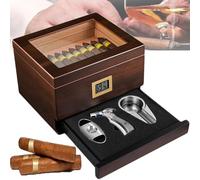 Humidor per sigari, doppia capacità per 50-60 sigari, design a cassetto, legno di cedro, igrometro digitale, vetro visivo, posacenere con accendino,Silver