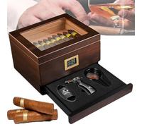 Humidor per Sigari,Doppia Capacità per 50-60 Sigari,Design a Cassetto,Legno Di Cedro,Igrometro Digitale,Posacenere Con Accendino,Tagliasigari,Adatto per Uomo,Marito,Sigari Non Inclusi,Black