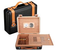 Humidor per Sigari Portatile, Umidificatore per Sigari in Pelle, con Igrometro + Umidificatore, Rivestimento in Legno di Cedro, può Contenere 30 Sigari - Spazio Diviso,Black