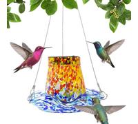 Hummingbird Feeder, Outdoor Solar Glass Feeder, Leak-Proof Birdbath with Stained Design, Decorative Yard Art for Garden Patio Lawn Wildlife Watching Day and Night