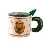 HUMOCHUSON Tazza Colazione Tazza Natalizia In Ceramica Da 400 Ml Con Coperchio E Cucchiaio Per Uso Domestico, Adatta Per Paesaggio Festivo, Caffè, Dessert Al Latte - Alce