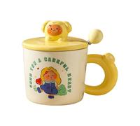 HUMOCHUSON Tazze Da The Tazza In Ceramica Da 350 Ml Con Coperchio E Cucchiaio, Motivo: Ragazza Dei Cartoni Animati, Adatta Per Bevande Calde E Fredde, Con Manico, Per Casa E Ufficio - Gialla
