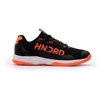 HUNDRED Xoom Pro, scarpe da badminton professionali antitraccia da uomo | Materiale: ecopelle | Adatto per tennis indoor, squash, ping pong, basket e padel (nero/arancione, EU 38, UK 4, US 5)
