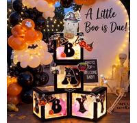 Hungdao 42 pezzi Halloween Baby Shower Decorazioni Palloncini Scatole 4 Pezzi Lettera Blocchi Scatola Trasparente con 4 Stringhe di Luce LED Decorazione Festa di Halloween un piccolo Boo è quasi