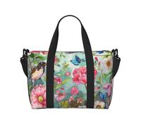 Hunter - Borsone da viaggio con stampa floreale e petali verdi, leggero, impermeabile, borsa da palestra e da viaggio per uomini, donne e ragazzi, Giardino con uccelli e fiori, Taglia unica, Borsone