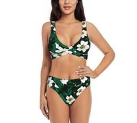 Hunter Verde Floreale Petali Modello Donna Twist Front Vita Alta Bikini Costume Da Bagno Due Pezzi Costume Da Bagno Imbottito Costumi Da Bagno, Nero, L