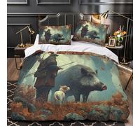 Hunter with Boar copripiumino 3 Pezzi motivo 3D ultra microfibra con federa per cuscini Fantasia Foresta Set Di Copripiumino cerniera nascosta morbido for adolescenti Super king（260x220cm）