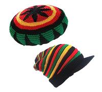HunterBee Berretto Rasta in Lana lavorata a maglia Reggae Cappello Rasta giamaicano colorato Cappello all'uncinetto largo Beret Rasta Uomo, Set di 2 (regenbogen + bunt), L