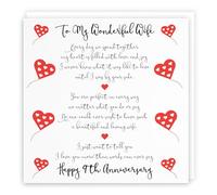 Hunts England Biglietto romantico per il 9° anniversario di matrimonio con scritta d'amore - To My Wonderful Wife - Happy 9th Anniversary - Romantic Verses Collection