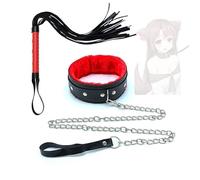 HUNTVE Collare in Pelle di Peluche con Catena in Metallo e Frusta per Giochi di Ruolo (Nero e Rosso)