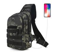 HUNTVP® Borsa Petto Tattico con USB Ricaricabile Porta Bottiglia Militare Zaino Monospalla Uomo Borsello a Tracolla Molle per Campeggio Escursionismo Ciclismo Viaggio, Typ-4 camo