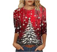 Huoghebg Felpe di Natale per Le Donne 3/4 Maniche A Girocollo Top di Natale Stampa Xmas Tops Felpe da Donna Camicette Oversize Inverno Autunno Top Pullover Autunno Outfits Elegante Ponticello