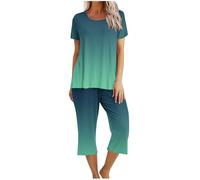 Huoghebg Pigiama Donna Curvy Gradiente di Colore Estivo a Maniche Corte da Donna e Set a Due Pezzi Set Due Pezzi Pigiama da Casa Casual Manica Corta + 3/4 Pantaloni Pigiama Donna Leggero Tinta Unita