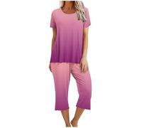 Huoghebg Pigiama Donna Curvy Gradiente di Colore Estivo a Maniche Corte da Donna e Set a Due Pezzi Set Due Pezzi Pigiama da Casa Casual Manica Corta + 3/4 Pantaloni Pigiama Donna Leggero Tinta Unita