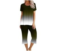 Huoghebg Pigiama Donna Curvy Gradiente di Colore Estivo a Maniche Corte da Donna e Set a Due Pezzi Set Due Pezzi Pigiama da Casa Casual Manica Corta + 3/4 Pantaloni Pigiama Donna Leggero Tinta Unita