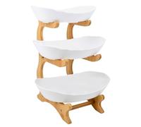 HUOLE Cesto per frutta a 3 piani, cestino di frutta in ceramica, con supporto in legno resistente per piano di lavoro da cucina per frutta, verdura, pane, snack-14 x 22,5 x 32 cm, bianco