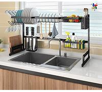 HUOLE Scolapiatti da Appoggio Sopra il Lavandino, Antiruggine Scolapiatti sul Lavello Mensola Organizer Salvaspazio a 2 livelli con Portautensili, Porta tagliere per Cucina Nero,85x32x52cm (nero)