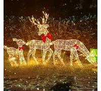 HUONIU 3 pezzi illuminati Natale cervi famiglia set cortile esterno renne decorazioni natalizie fiocchi rossi madre bambino renna arredamento da giardino con luci a LED picchetti