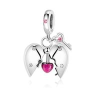 HuooNew Ciondolo in argento Sterling 925, rosa rosa, scintillante ciondolo a forma di cuore traforato, compatibile con braccialetti Pandora, gioielli per San Valentino, regalo per donna