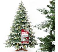 Huracan Albero di Natale artificiale di alta qualità, 210 cm, con supporto in legno, albero di Natale artificiale con illuminazione e neve, effetto ago, custodia e oggetti decorativi