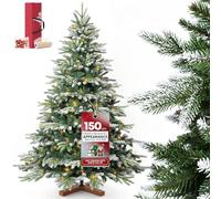 Huracan Albero di Natale artificiale Premium 150 cm con illuminazione, albero di Natale artificiale con supporto in legno e neve, rami densi, alberi di Natale Christmas Trees inclusi set di