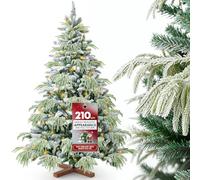 Huracan Premium 210 cm Albero di Natale artificiale con illuminazione, albero di Natale artificiale con base in legno e neve, densa ottiche delle foglie, sacchetto di conservazione e oggetti