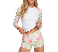 Hurley Costume da bagno da donna in due pezzi, con protezione anti-rash guard e pantaloncini da bagno, a maniche lunghe, ad asciugatura rapida, UPF 50+, protezione solare e UV, Bianco/Tropic, M