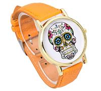 Hurromy Orologio da polso analogico al quarzo con teschio punk, unisex, con cinturino in pelle gialla, cinturino giallo, Giallo, Colore: