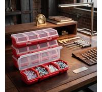 Hushee 4 organizer a vite in plastica rossa con serrature, 4 scomparti, 30 x 10,4 x 6,3 cm ciascuno, ideali per attrezzi, chiodi, piccole parti
