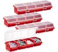 Hushee 4 organizer a vite in plastica rossa con serrature, 4 scomparti, 30 x 10,4 x 6,3 cm ciascuno, ideali per attrezzi, chiodi, piccole parti