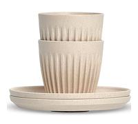 HUSKEE Set di 2 tazzine da caffè piccole riutilizzabili con alette uniche, per espresso e macchiato, tazze da caffè isolate con piattini, realizzate con bucce di caffè riutilizzate, 85 g, naturale