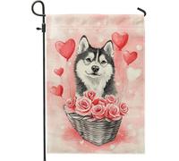Husky Dog - Bandiera da giardino di San Valentino, palloncino a forma di cuore, decorazione per esterni, bandiera da cortile double face, decorazione stagionale per prato, 30,5 x 45,7 cm