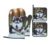 Husky Dog Print - Set di guanti da forno e presine, antiscivolo, per cottura alla griglia