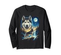 Husky Howling to The Moon Meme Divertente 90's Husky Dog Lover Maglia a Manica