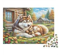 Husky Siberiano Puzzle in carta resistente Husky con orsetto di peluche nel cortile della baita autunnale puzzle attività educativa familiare 52x38cm/1000 pezzi