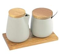 Husla 73974 Sugar Box and Creamer Set, Ceramic/Wood/Stainless Steel, Grigio