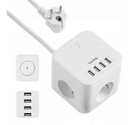 Huslog Multi Power Strip con 4 porte USB 3 prese 1,5 m di cavo Nero (Bianco)