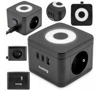 Huslog Cubo di prese 5-in-1 con cavo da 1 4 m 2 Schuko + USB-C e USB-A 4000 W / 16 A dimmer LED a 3 livelli interruttore on/off piedini in gomma antiscivolo Nero