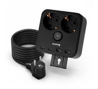 Huslog cubo multipresa con 2 prese Schuko, 2 porte USB-A e 2 USB-C, 3680W multipresa con interruttore, supporto per smartphone e montaggio a parete, cavo da 1,4 m - distributore di corrente compatto